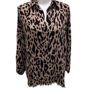UMGEE‎ mauve black animal print raw hem v-neck tunic blouse S mob wife city punk